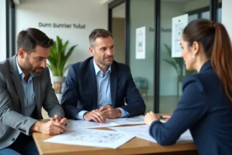 Agent immobilier en rendez-vous avec un couple de primo-accédants autour d'un bureau avec des documents de propriété