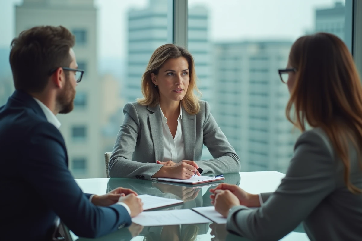 Réunion de conseil financier avec une investisseuse attentive en salle de conférence moderne