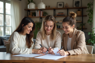 Trois personnes en réunion immobiliere dans un appartement lumineux