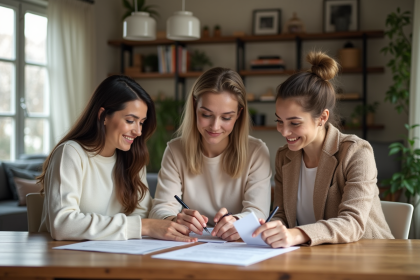 Trois personnes en réunion immobiliere dans un appartement lumineux
