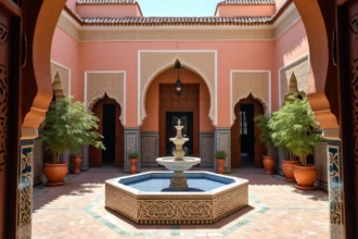 Cour intérieure d'un riad traditionnel à Marrakech avec fontaine centrale en zellige et murs en tadelakt sculpté