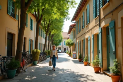 Rue résidentielle animée à Bergerac avec commerces de proximité et école en arrière-plan