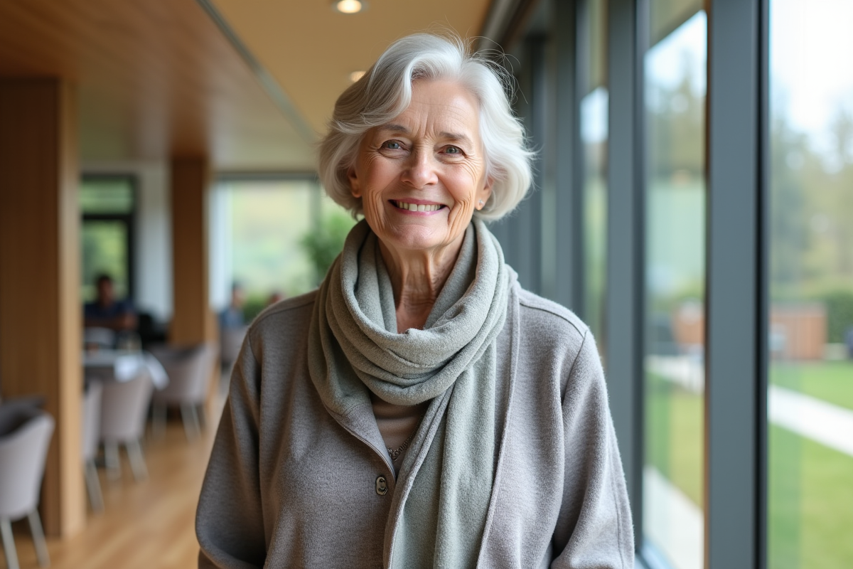 Femme senior souriante dans un salon moderne de retraite