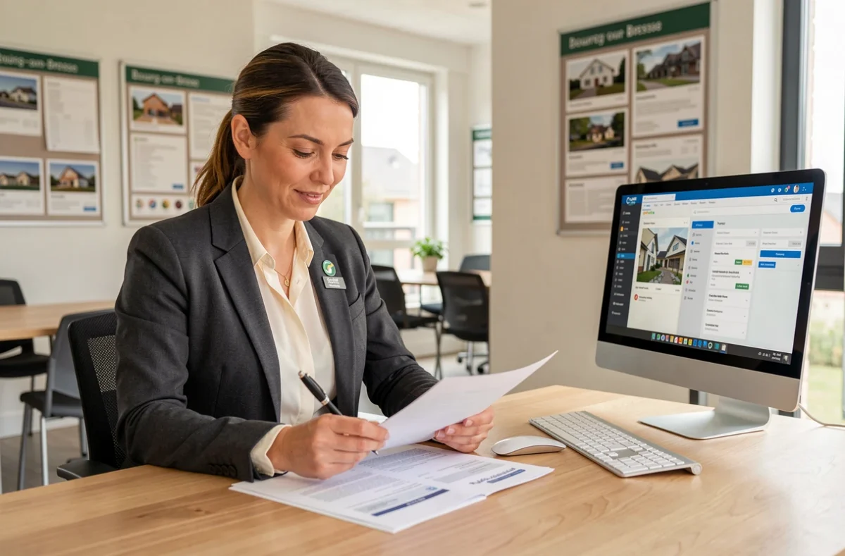 Agente Square Habitat à son bureau dans l'agence de Bourg-en-Bresse entourée d'annonces immobilières