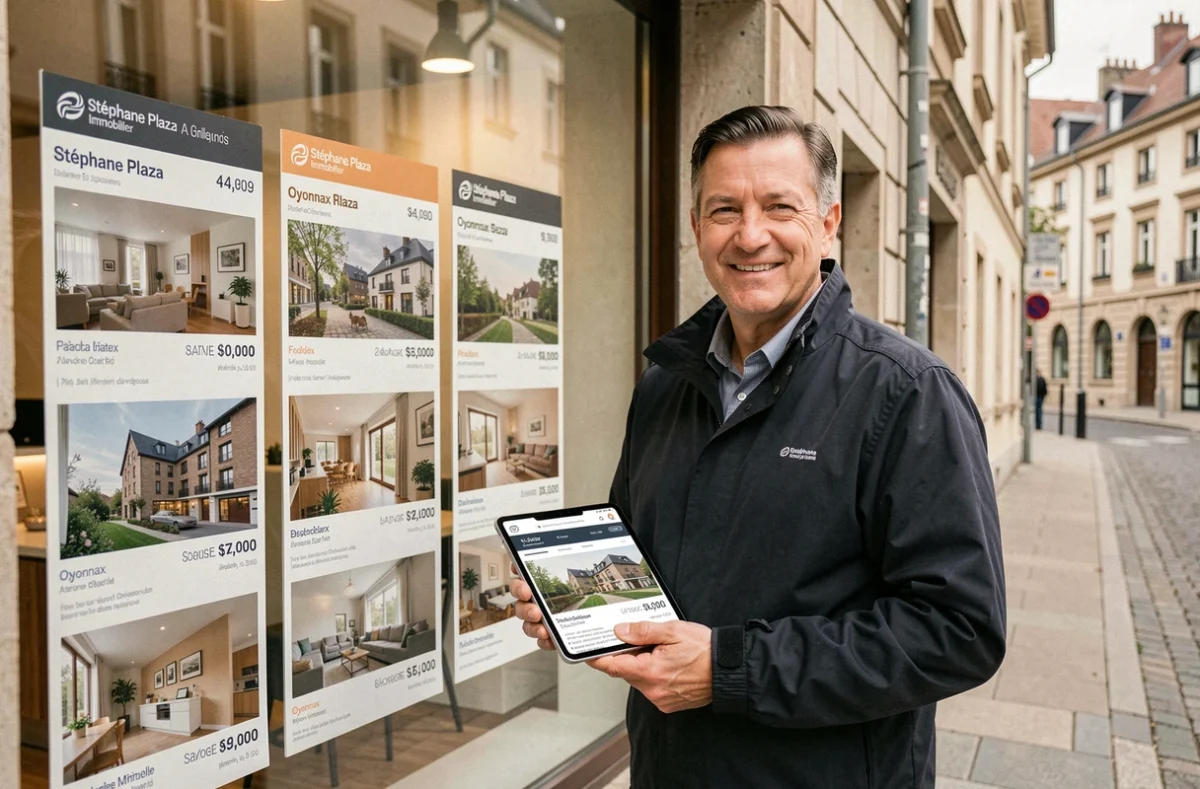 Agent Stéphane Plaza Immobilier devant la vitrine de l'agence d'Oyonnax avec des annonces immobilières affichées
