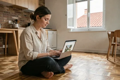 Jeune femme cherchant une location immobilière à Toulouse sur un ordinateur portable dans un studio avec vue sur les toits