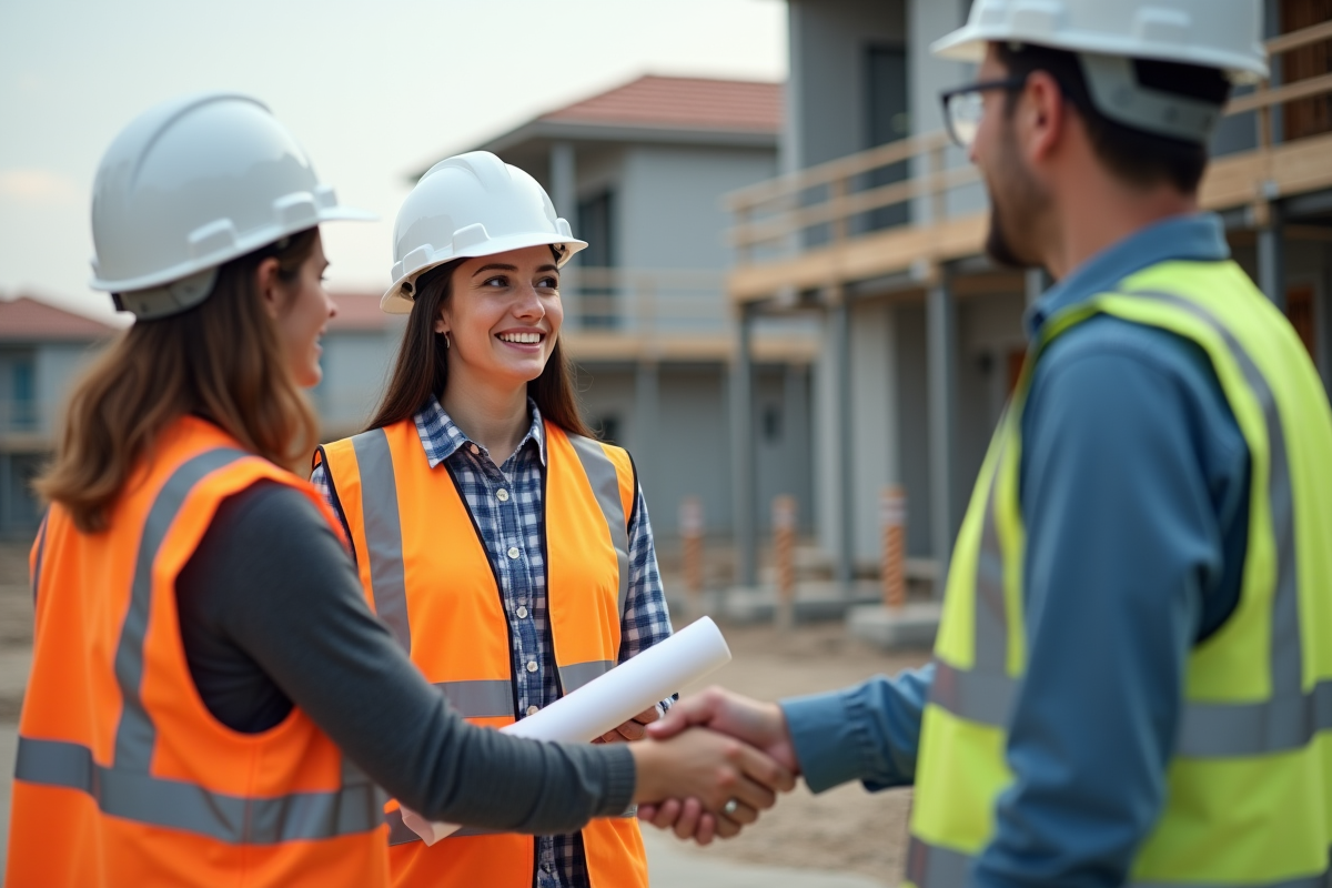 Jeune femme superviseur de chantier serrant la main à un couple