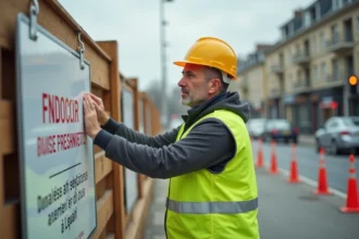 Superviseur de chantier attachant une affiche de travaux en extérieur