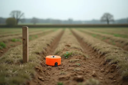 Terrain agricole d'un hectare avec ruban de mesure et piquet d'arpentage au premier plan