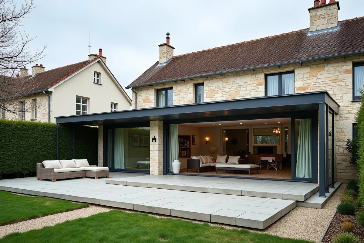 Vue extérieure d'une maison française avec terrasse ouverte et terrasse couverte côte à côte