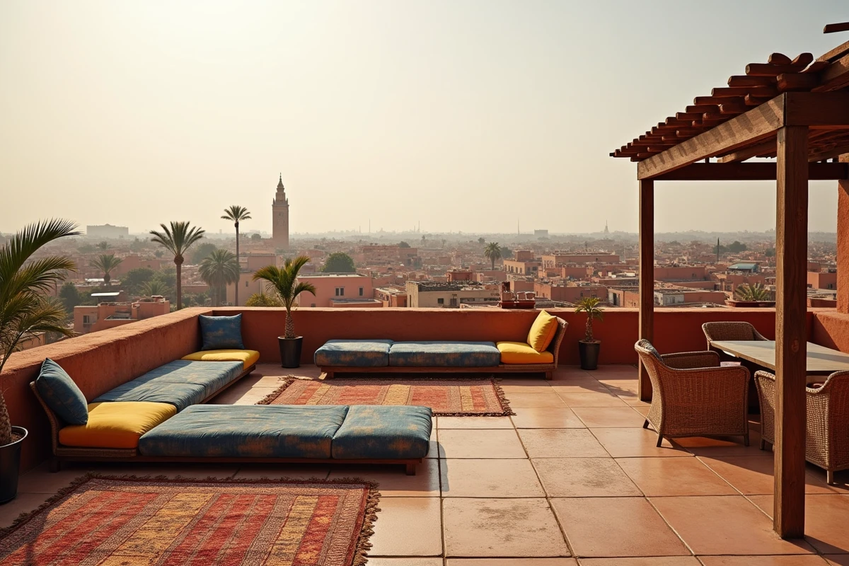Terrasse de rooftop d'un riad à vendre dans la Médina de Marrakech avec vue panoramique sur les toits et le minaret Koutoubia