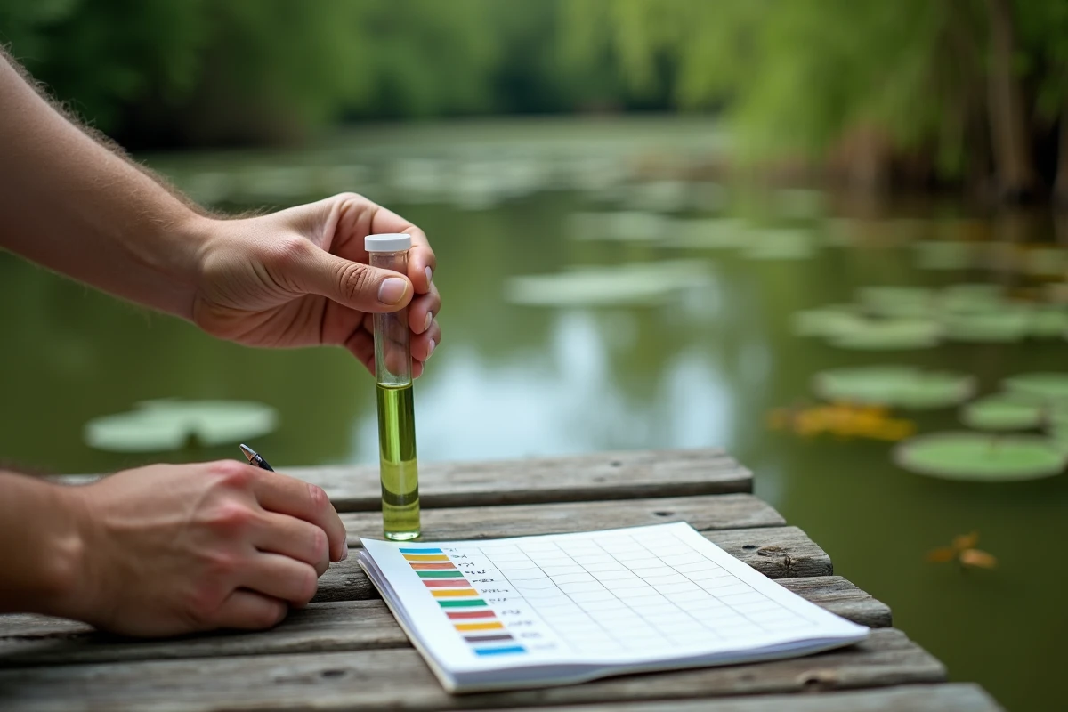 Gros plan sur un test de qualité d'eau d'étang avec tube d'échantillon et grille de référence colorimétrique