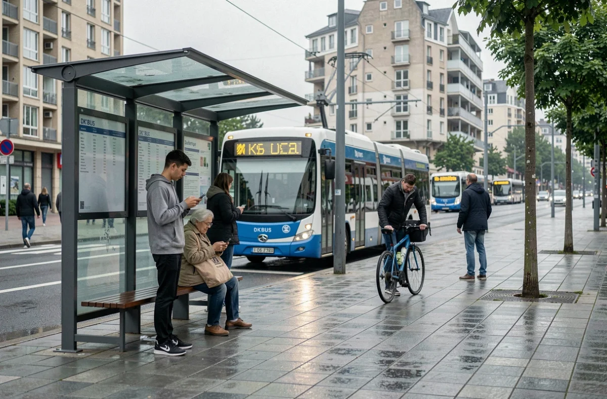 Arrêt de transport en commun à Dunkerque avec des usagers attendant le bus sous un ciel couvert