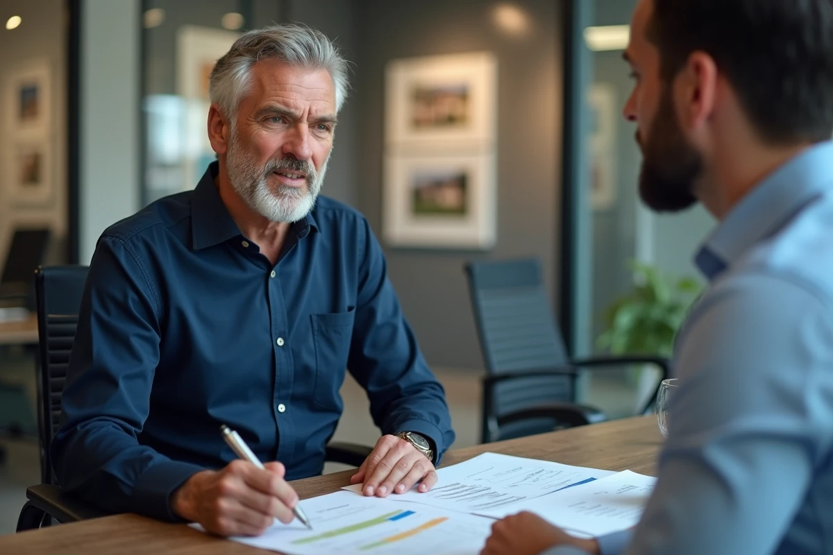Vendeur immobilier discutant d'une estimation de bien avec un agent dans une agence immobilière