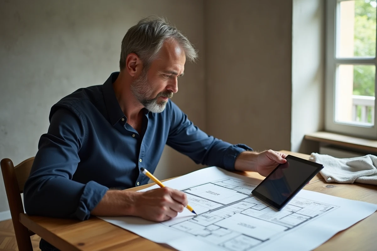 Propriétaire vérifiant le métrage d'un appartement en rénovation avec un plan imprimé et un mètre ruban