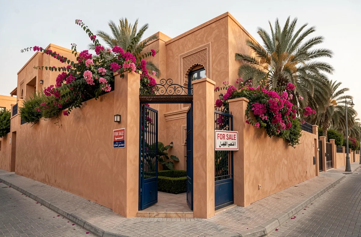 Villa de luxe à vendre à Marrakech avec façade en pisé ocre et porte en bois sculpté, panneau à vendre affiché