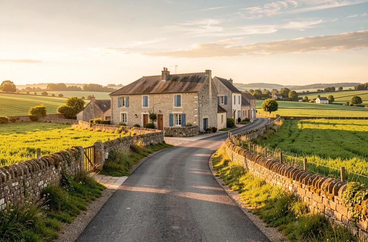 Village français et ses champs vus depuis la route