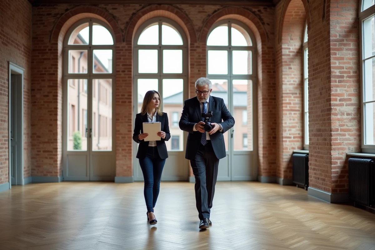 Deux professionnels de l'immobilier inspectant un appartement à fort potentiel avec murs en brique apparente et hautes fenêtres dans un immeuble ancien de Toulouse