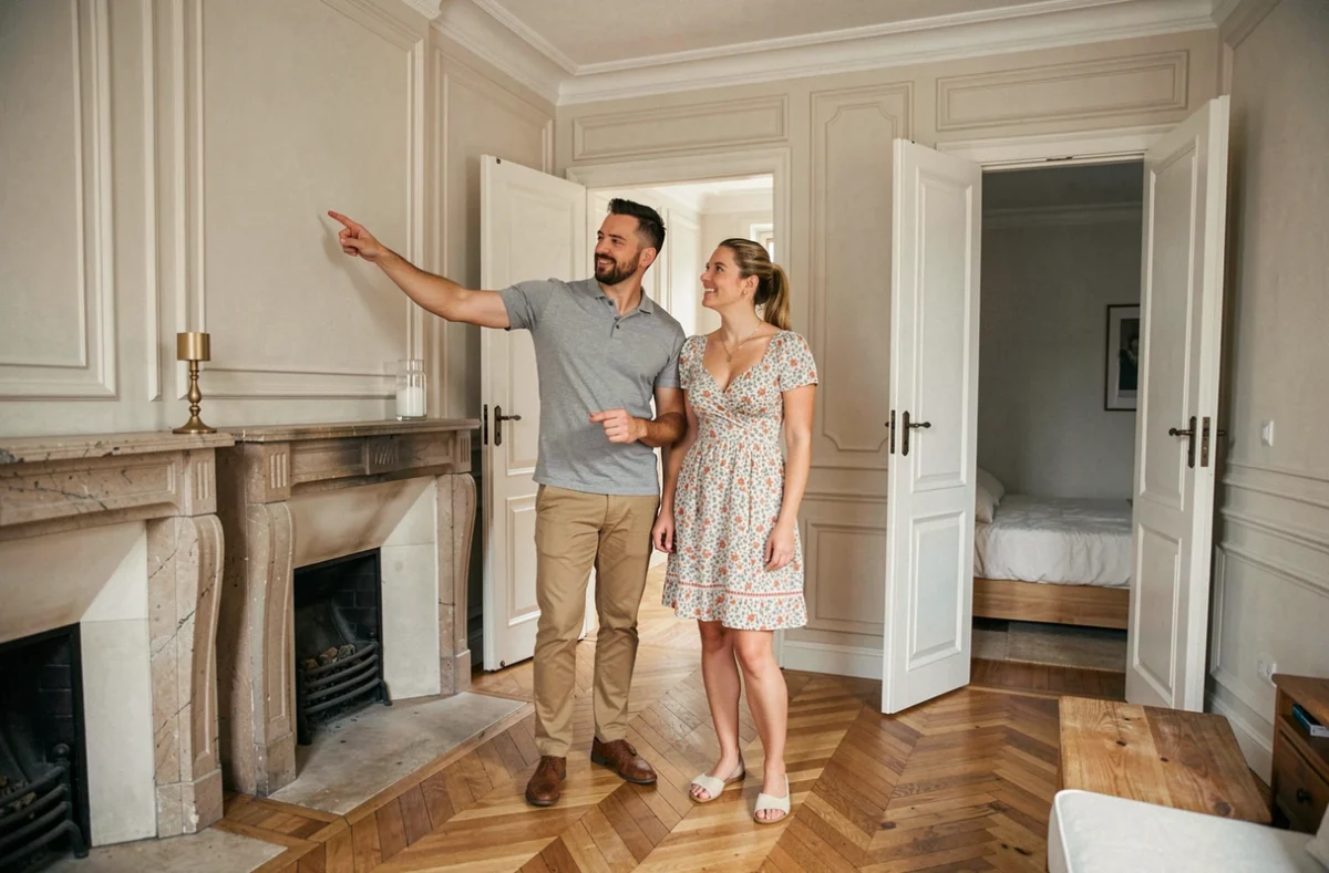 Couple visitant un appartement T2 avec parquet en chevrons et moulures à Toulouse lors d'une recherche de location