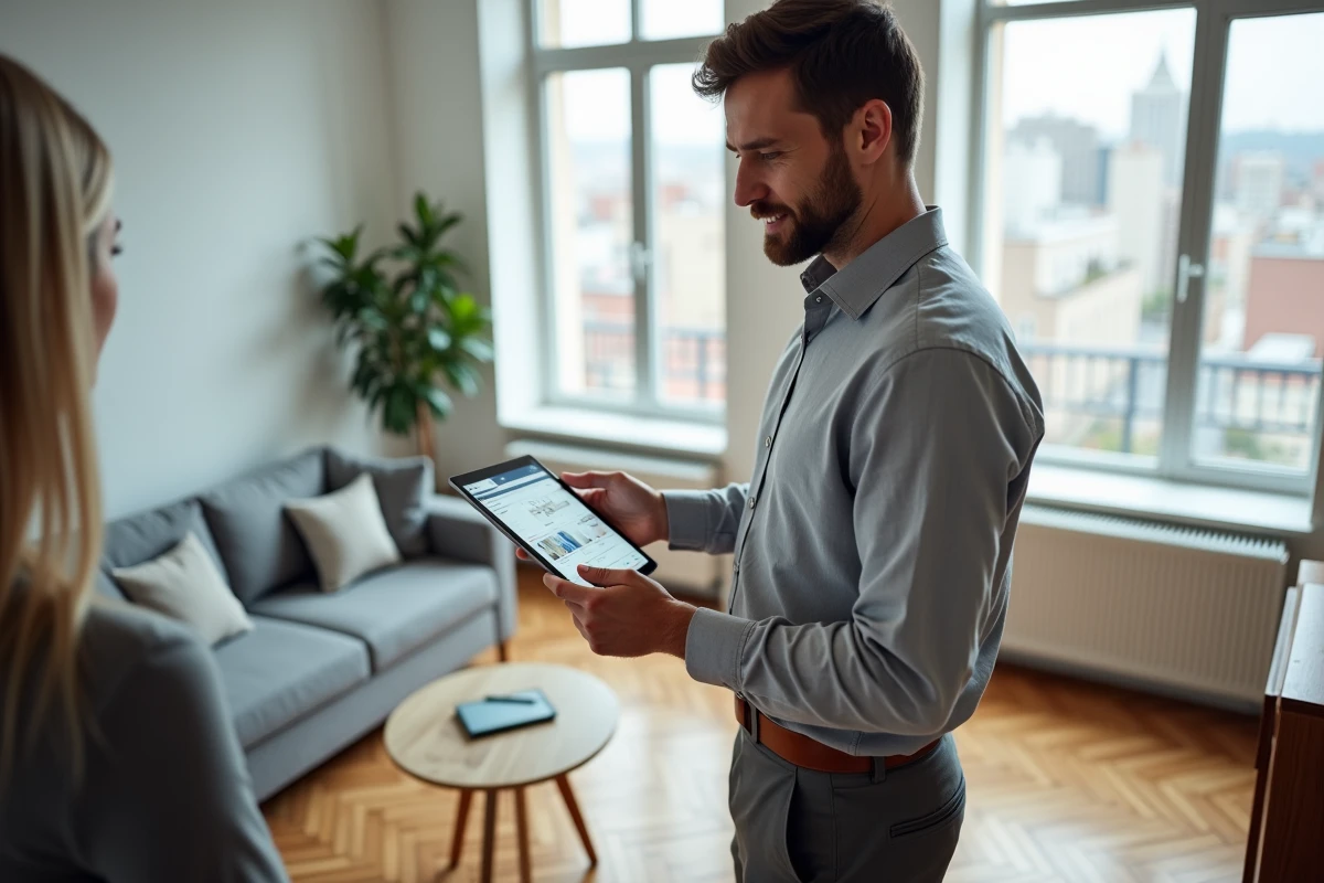 Agent immobilier montrant une application de gestion immobilière sur tablette à un client lors d'une visite d'appartement meublé en ville
