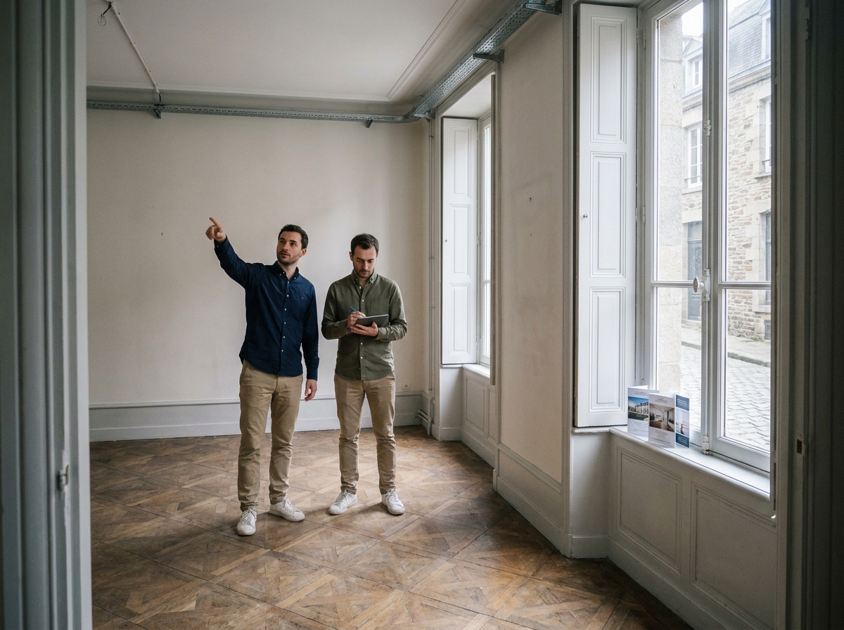 Deux professionnels visitant un bureau vide à louer dans le centre-ville de Rennes