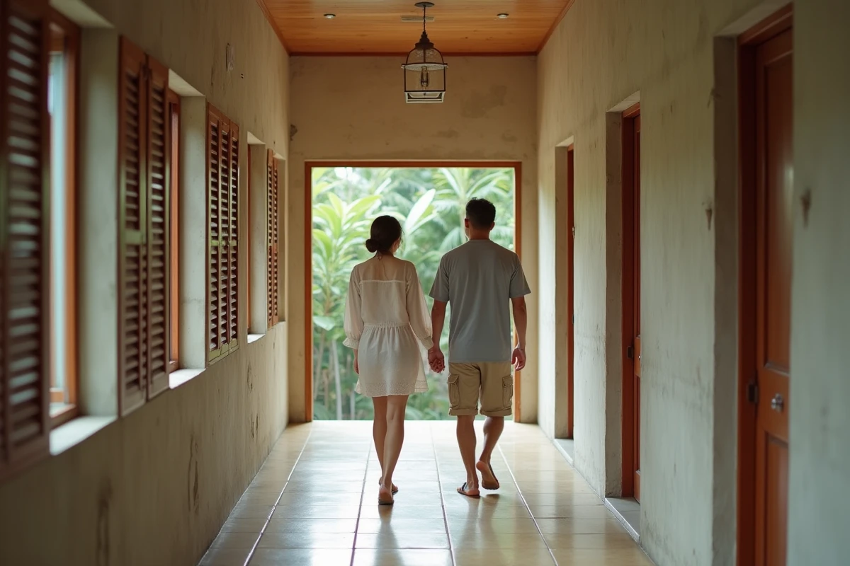 Couple visitant l'intérieur d'une maison à vendre en Thaïlande avant signature