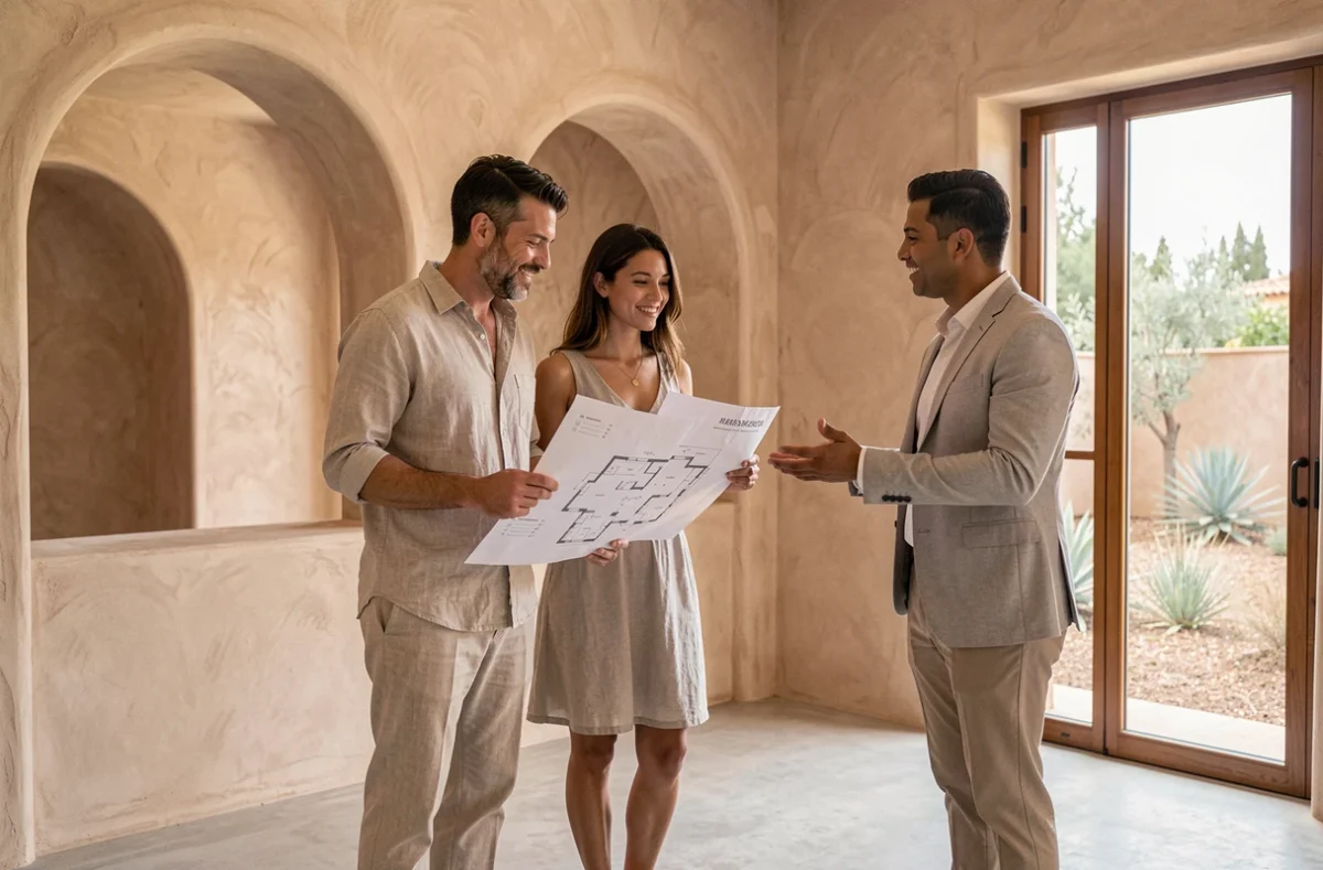 Couple d'acheteurs étrangers visitant l'intérieur d'une villa à vendre à Marrakech avec un agent immobilier